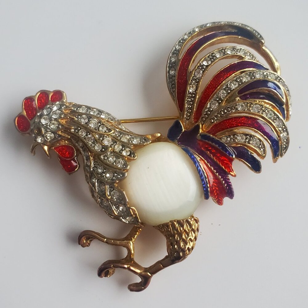 Jelly Belly Rooster Brooch Red & Blue Enamel Rhinestones Pearly Cabochon Stone